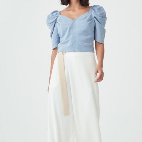 PAISIE Cannes Sweetheart Puff Sleeve Blouse In Light Blue - flipped
