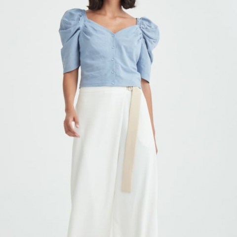 PAISIE Cannes Sweetheart Puff Sleeve Blouse In Light Blue