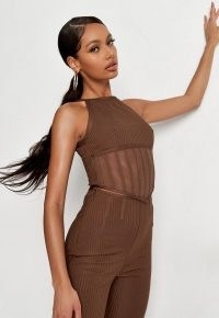 MISSGUIDED chocolate bandage mesh corset style crop top – brown fitted going out tops