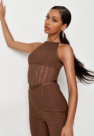 MISSGUIDED chocolate bandage mesh corset style crop top – brown fitted going out tops - flipped