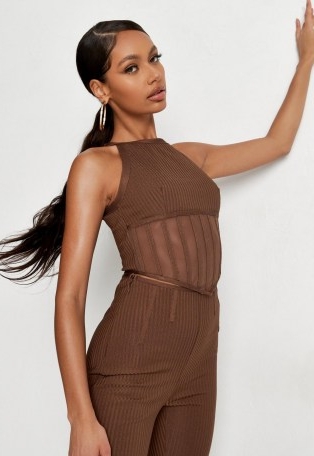 MISSGUIDED chocolate bandage mesh corset style crop top – brown fitted going out tops