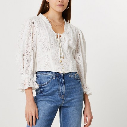 River Island Cream broderie corset crop blouse top ~ romantic frill trim tops ~ floral cut out blouse - flipped
