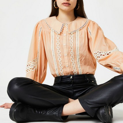 River Island Cream collar lace trim blouse top – romantic style blouses with cut out details and oversized collars - flipped