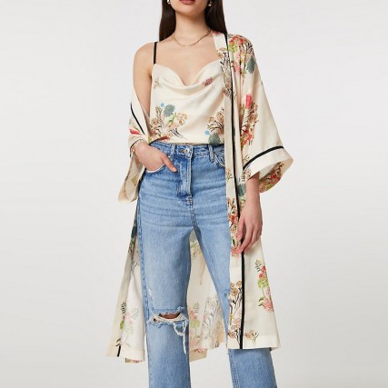 RIVER ISLAND Cream floral cami longline duster 2 piece set ~ satin style fashion co-ords ~ jacket and camisole sets - flipped