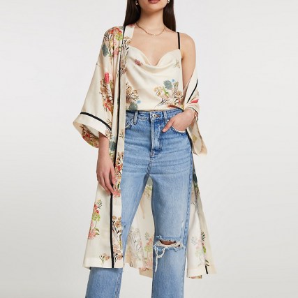 RIVER ISLAND Cream floral cami longline duster 2 piece set ~ satin style fashion co-ords ~ jacket and camisole sets