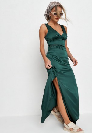 MISSGUIDED dark green gathered ruched bust satin dress - flipped