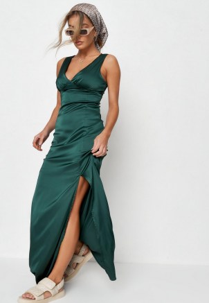 MISSGUIDED dark green gathered ruched bust satin dress
