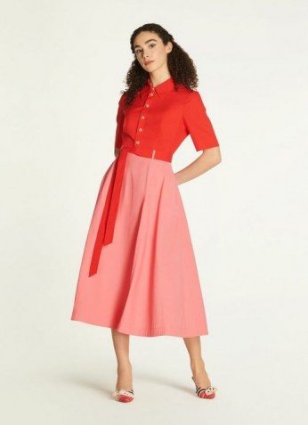 L.K. BENNETT DOVIMA COLOUR BLOCK COTTON SHIRT DRESS ~ red and pink colour block vintage style dresses - flipped