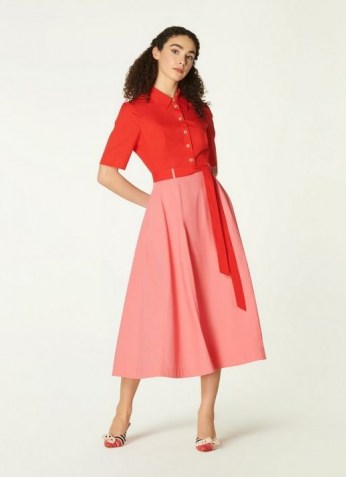 L.K. BENNETT DOVIMA COLOUR BLOCK COTTON SHIRT DRESS ~ red and pink colour block vintage style dresses