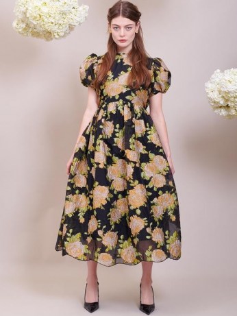 sister jane DREAM Floral Clover Jacquard Midi Dress ~ romantic puff sleeve fit and flare dresses - flipped