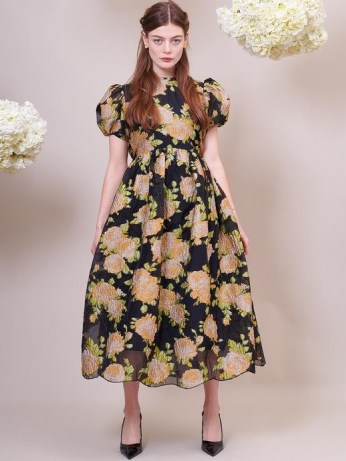 sister jane DREAM Floral Clover Jacquard Midi Dress ~ romantic puff sleeve fit and flare dresses