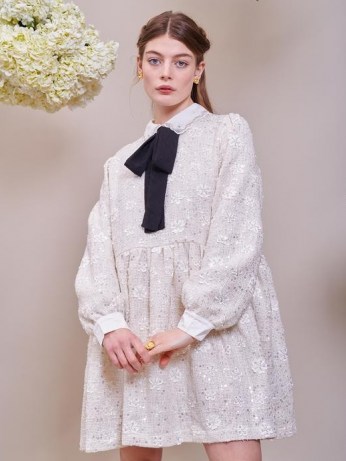 sister jane Pasture Tweed Smock Dress Cream ~ glittering floral embellished dresses - flipped