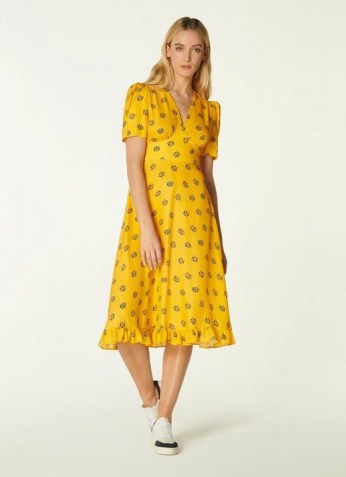 L.K. BENNETT ELSON YELLOW POSEY PRINT SILK-BLEND TEA DRESS / bright floral frill hem dresses / vintage style summer fashion