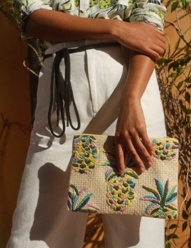 BODEN Embroidered Raffia Keepsake Natural Pineapple / fruit motif pouch bag / summer clutch bags - flipped