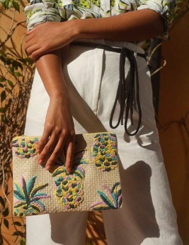 BODEN Embroidered Raffia Keepsake Natural Pineapple / fruit motif pouch bag / summer clutch bags