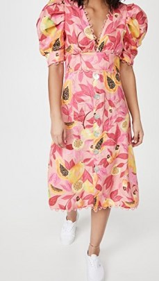 FARM Rio Pink Papaya Salad Button Down Midi Dress / puff sleeve fruit print dresses - flipped