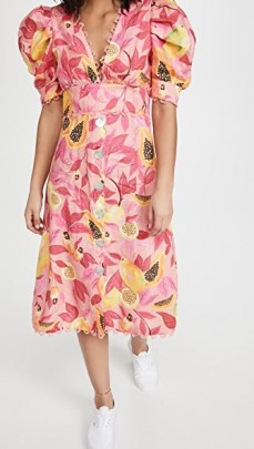 FARM Rio Pink Papaya Salad Button Down Midi Dress / puff sleeve fruit print dresses