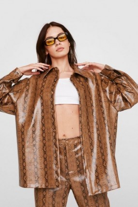 NASTY GAL Faux Leather Snake Print Shirt Jacket ~ oversized tan-brown jackets - flipped