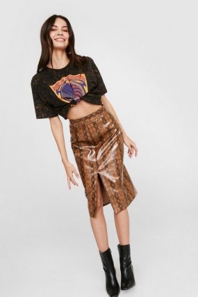NASTY GAL Faux Leather Snake Print Slit Midi Skirt ~ tan brown front slit skirts - flipped