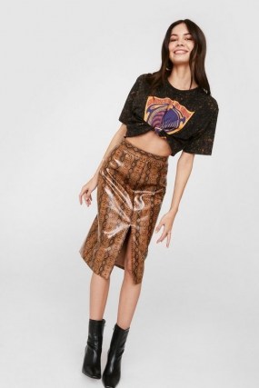 NASTY GAL Faux Leather Snake Print Slit Midi Skirt ~ tan brown front slit skirts