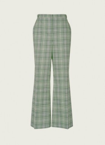 L.K. BENNETT FAYE GREEN CHECK COTTON-BLEND KICK FLARE TROUSERS ~ checked flares