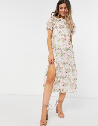 Forever U midi dress with slit in white floral lace ~ romantic puff sleeve dresses - flipped