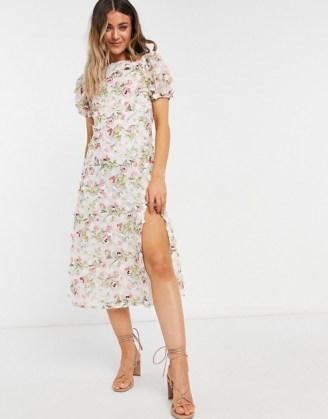 Forever U midi dress with slit in white floral lace ~ romantic puff sleeve dresses
