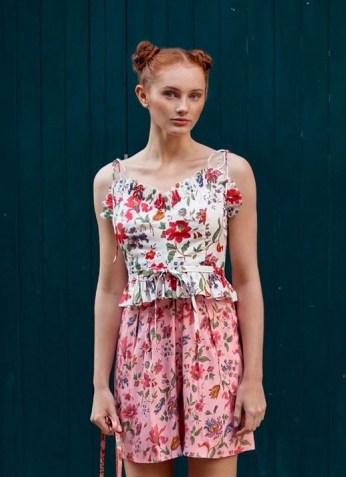 L.K. BENNETT FRENCHI ROMANCE FLORAL PRINT CROP TOP / strappy summer ruffle trim tops - flipped