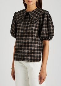 GANNI Checked lamé-weave seersucker shirt – feminine check print shirts – frilled over sized collars