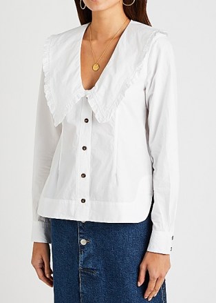 GANNI White ruffle-trimmed cotton blouse – frill trim oversized collar clouses