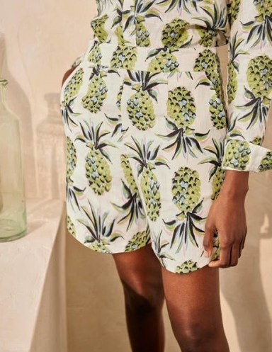 BODEN Georgina Linen Shorts Ivory, Pineapple Paradise / fruit print summer fashion / holiday accessories - flipped
