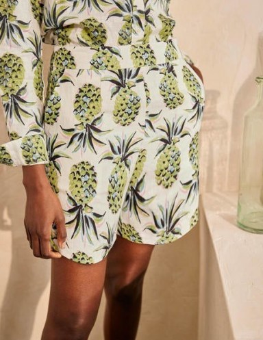 BODEN Georgina Linen Shorts Ivory, Pineapple Paradise / fruit print summer fashion / holiday accessories