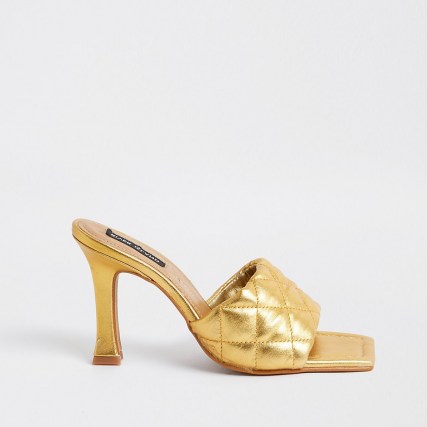 RIVER ISLAND Gold woven square toe mule sandal ~ quilted metallic mules - flipped