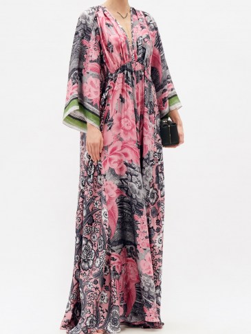 BIYAN Gozan floral-print silk-twill maxi dress / pink kaftan dresses - flipped