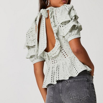 RIVER ISLAND Green broderie open back blouse top - flipped