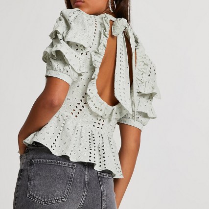RIVER ISLAND Green broderie open back blouse top