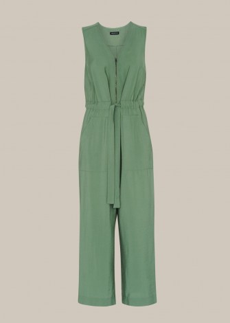 WHISTLES COREY ZIP CASUAL JUMPSUIT – green sleeveless jumpsuits – effortless style