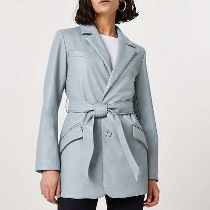 River Island Green faux leather dad blazer – luxe style waist tie blazers – women’s belted jackets - flipped