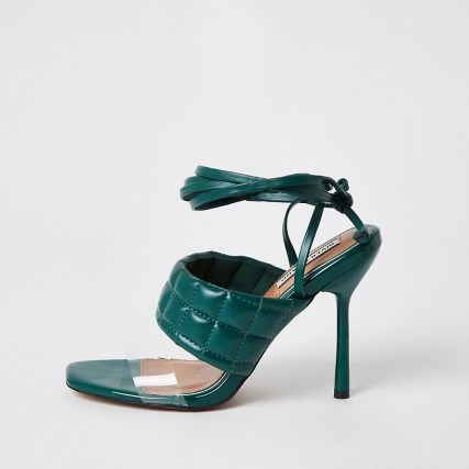 RIVER ISLAND Green padded tie up sandal heels / quilted ankle wrap sandals - flipped