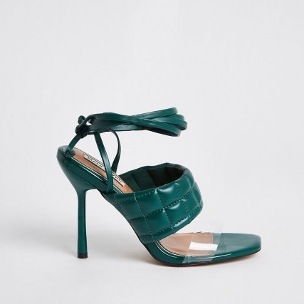 RIVER ISLAND Green padded tie up sandal heels / quilted ankle wrap sandals