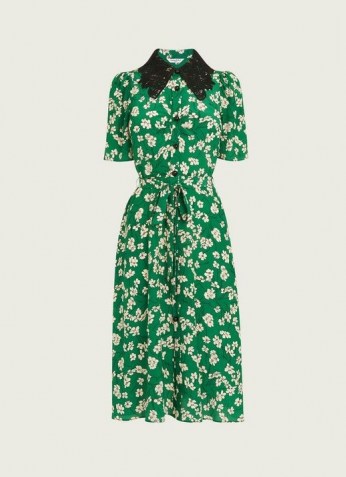 L.K. BENNETT HASKELL GREEN DAISY PRINT SILK SHIRT DRESS ~ floral lace collar dresses ~ vintage style spring and summer clothing - flipped