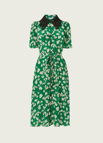 L.K. BENNETT HASKELL GREEN DAISY PRINT SILK SHIRT DRESS ~ floral lace collar dresses ~ vintage style spring and summer clothing
