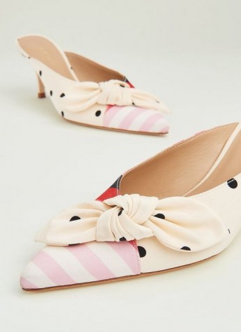 L.K. BENNETT HEAVEN SPOT AND STRIPE FABRIC KITTEN HEEL MULES ~ mixed print bow embellished pointed toe shoes