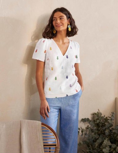 BODEN Heidi Top White Pineapple Embroidery