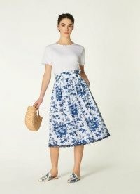 L.K. BENNETT HODGKIN TOILE DE JOUY PRINT COTTON SKIRT ~ full blue and white floral summer skirts