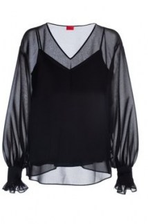 HUGO Cadesi V-neck top in chiffon with smocked sleeves – women’s black sheer overlay tops