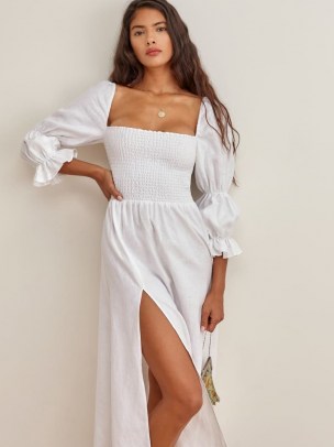 Reformation Hyland Dress White | square neck, smocked bodice thigh high slit summer dresses | double puff sleeves - flipped