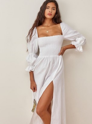 Reformation Hyland Dress White | square neck, smocked bodice thigh high slit summer dresses | double puff sleeves