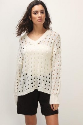 storets Willa Cutout Crochet Sweater | ivory cut out knitted V-neck