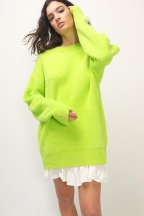 storets Elle Fuzzy Knit Sweater | green longline oversized crew neck